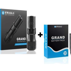 Emalla GRAND Wireless Tattoo Pen – Black + EMALLA POWER PACK – 1800mAh 4-12V Bundle